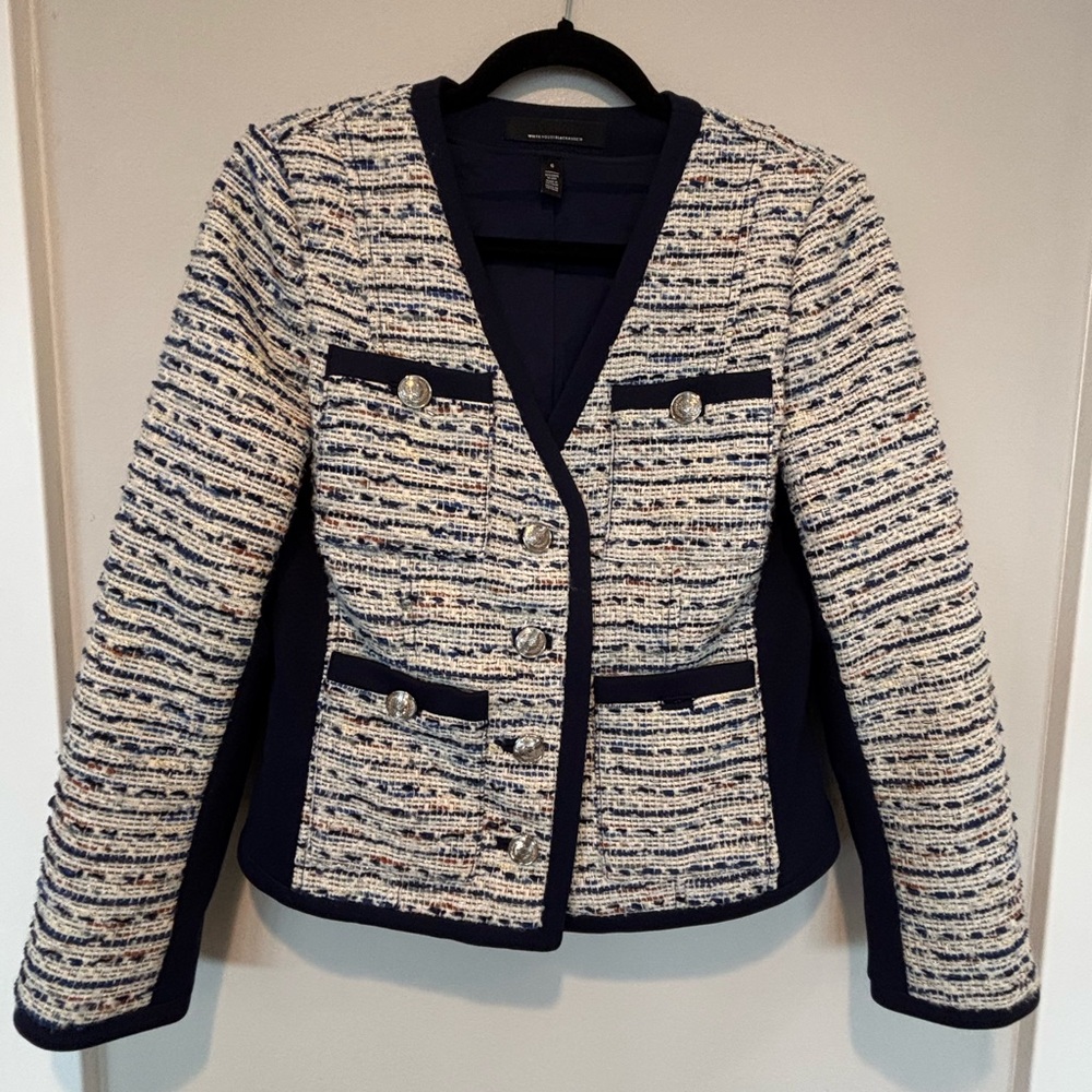 White House Black Market Navy-Trim Cream Tweed Blazer